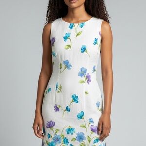 Sleeveless White Floral Sheath Dress